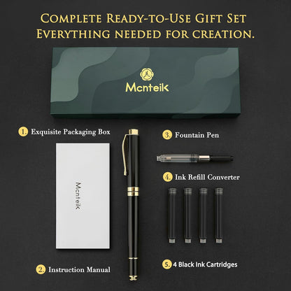 MCNTEIK Fountain Pen-Luxury Black and Gold Finish, 18K Gilded Nib(Fine), Smooth Ink Flow, Complete Set with 4*2.6mm Black Cartridges, Converter & Gift Box-Ideal for Professionals, Office, Journaling