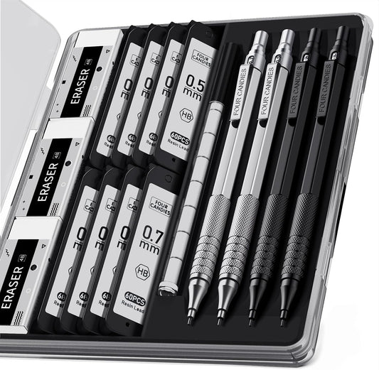 4PCS Metal Mechanical Pencil Set, 0.5mm+0.7mm, Storage Case, Black＆Silver