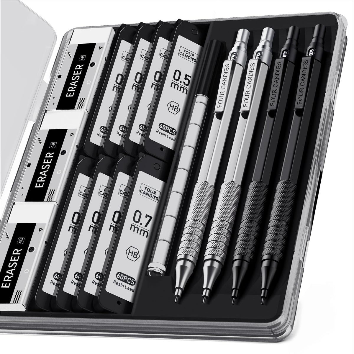 4PCS Metal Mechanical Pencil Set, 0.5mm+0.7mm, Storage Case, Black＆Silver