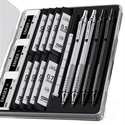 4PCS Metal Mechanical Pencil Set, 0.5mm+0.7mm, Storage Case, Black＆Silver