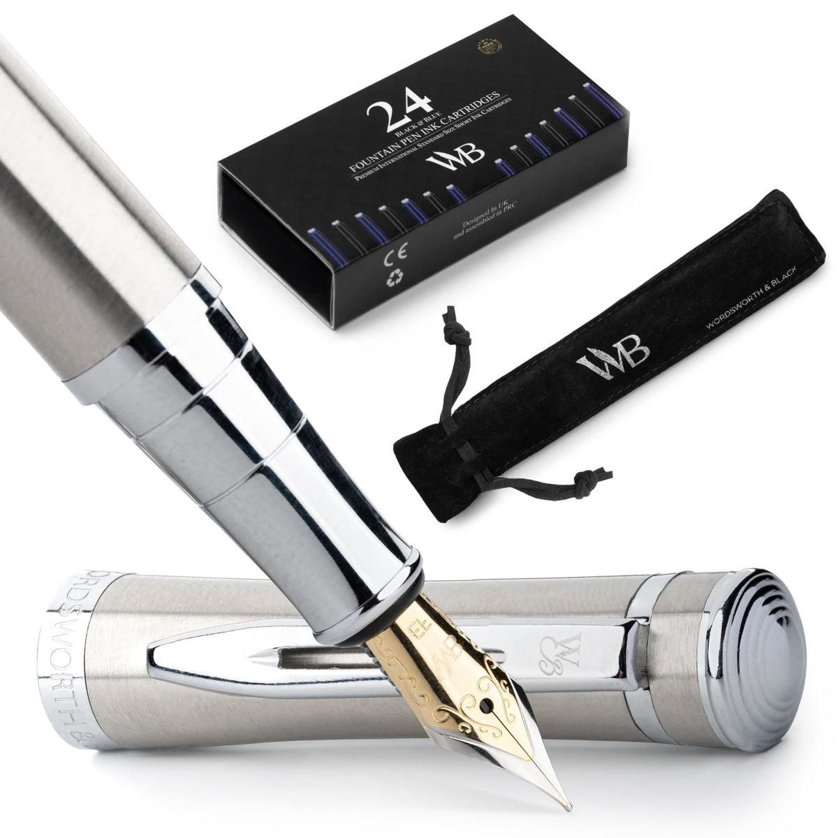 Wordsworth & Black Fountain Pen Set for Writing, Extra Fine Nib,Silver