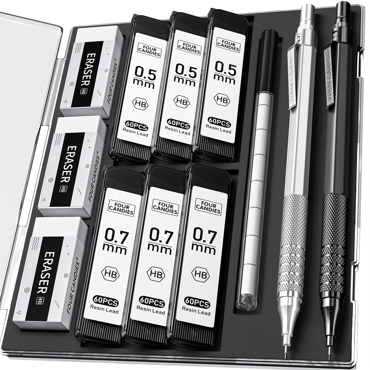 4PCS Metal Mechanical Pencil Set, 0.5mm+0.7mm, Storage Case, Black＆Silver