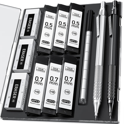 4PCS Metal Mechanical Pencil Set, 0.5mm+0.7mm, Storage Case, Black＆Silver