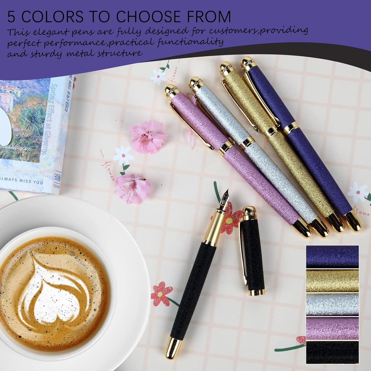 fountain pen-Multiple color styles with rhinestone,diamond inlay and frosted finish,Cute pens,Luxury pen,Office pens,Best pen set,Includes 10 Ink Cartridges and Ink Refill Converter(Pink)