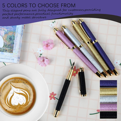fountain pen-Multiple color styles with rhinestone,diamond inlay and frosted finish,Cute pens,Luxury pen,Office pens,Best pen set,Includes 10 Ink Cartridges and Ink Refill Converter(Pink)