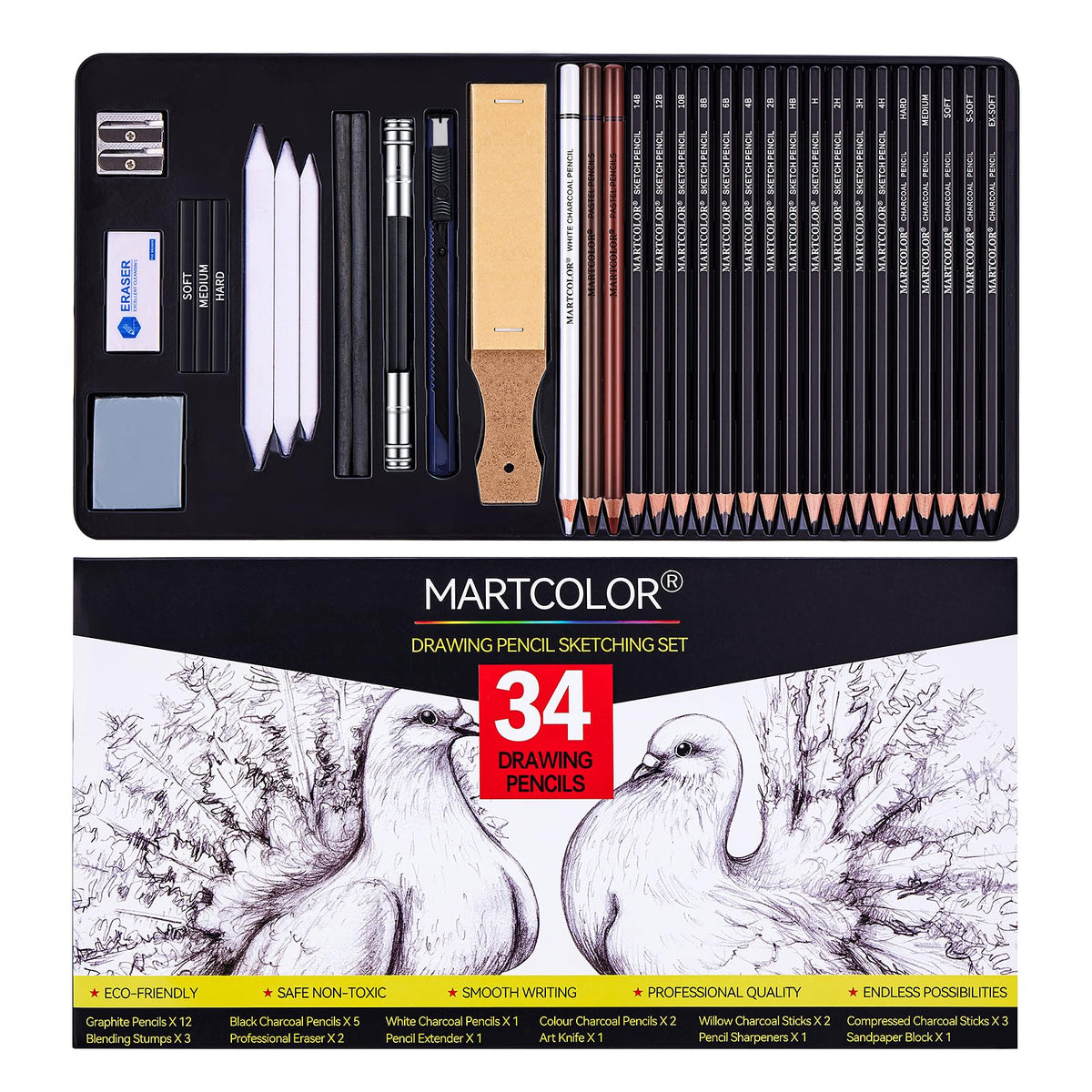 MARTCOLOR Drawing Sketching Pencils Set, 12 Pack Graphite Pencils(14B - 2H)