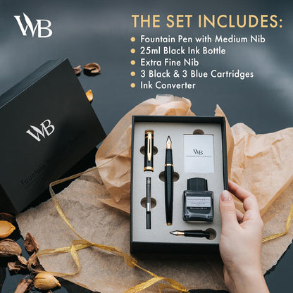 Wordsworth & Black Fountain Pen Gift Set, Medium & Extra Fine Nib, Black