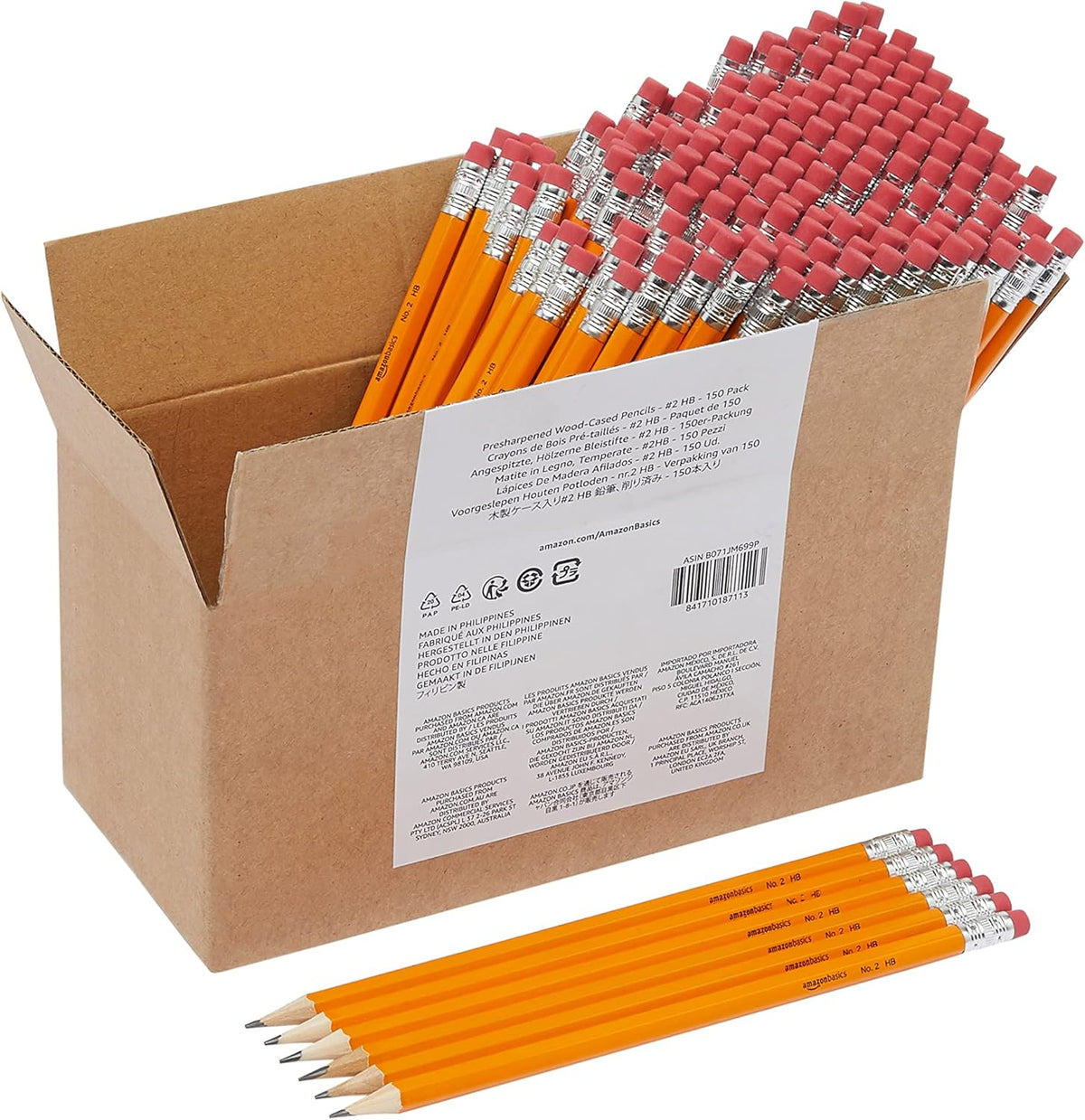 Amazon Basics Wood-Cased #2 Pencils for Writing, Drawing and Sketching, Pre-sharpened, HB Soft Lead with Erasers, Teacher Supplies, 150 Count, Yellow