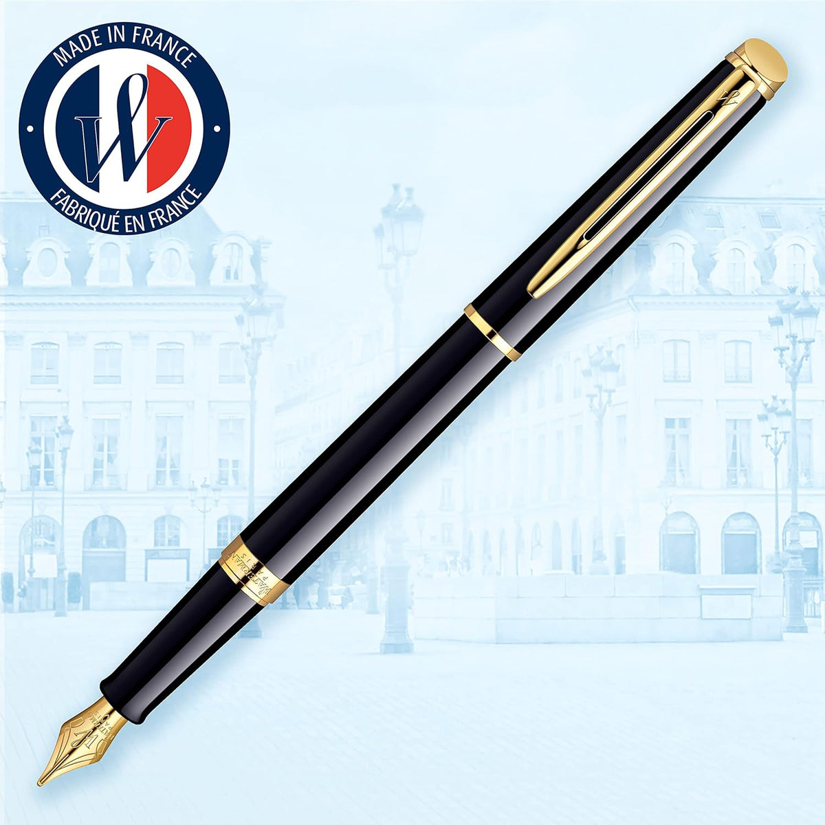 Waterman Hemisphere Fountain Pen Black with Gold Trim Medium Nib Blue Ink Gift Box
