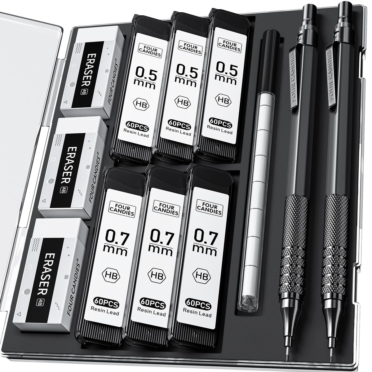 4PCS Metal Mechanical Pencil Set, 0.5mm+0.7mm, Storage Case, Black＆Silver