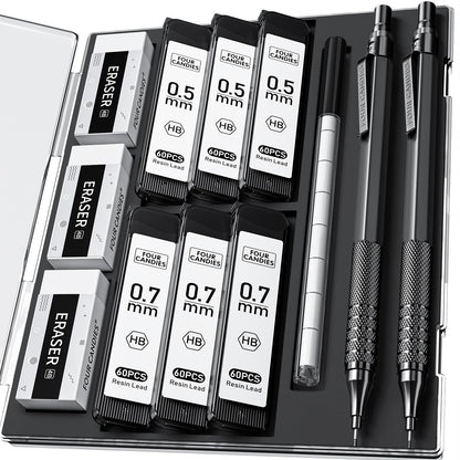 4PCS Metal Mechanical Pencil Set, 0.5mm+0.7mm, Storage Case, Black＆Silver