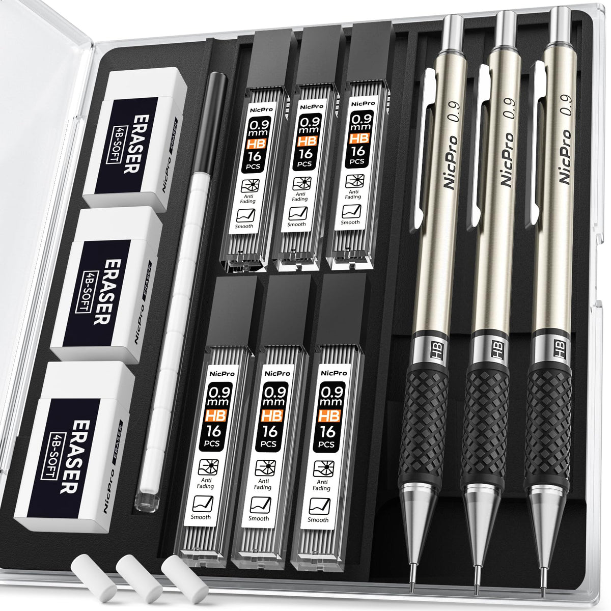 Nicpro 0.5 mm Art Mechanical Pencil Set in Storage Case, 3 PCS