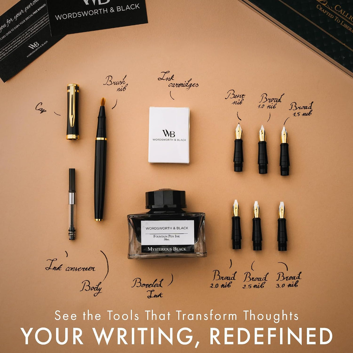 Wordsworth & Black Luxury Calligraphy Pen Set for Writing, 6 Nibs, Black