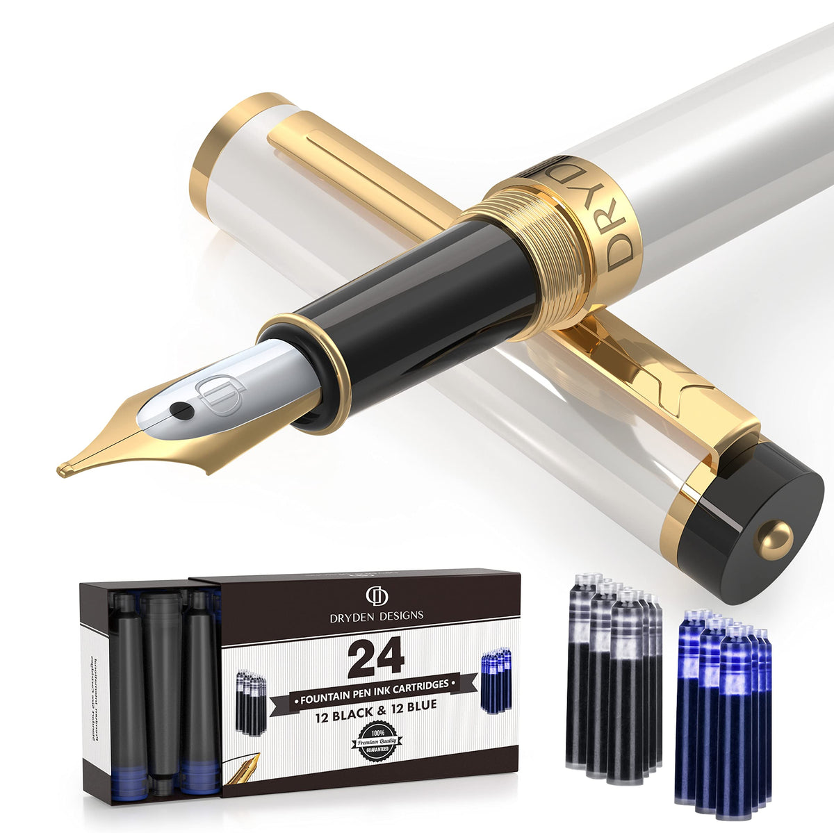Dryden Designs Fountain Pen Medium Nib Gift Pouch - with 24 Ink Cartridges - MCM (Metallic Silver)