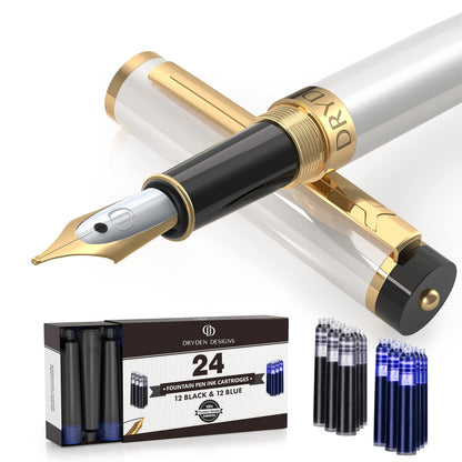 Dryden Designs Fountain Pen Medium Nib Gift Pouch - with 24 Ink Cartridges - MCM (Metallic Silver)