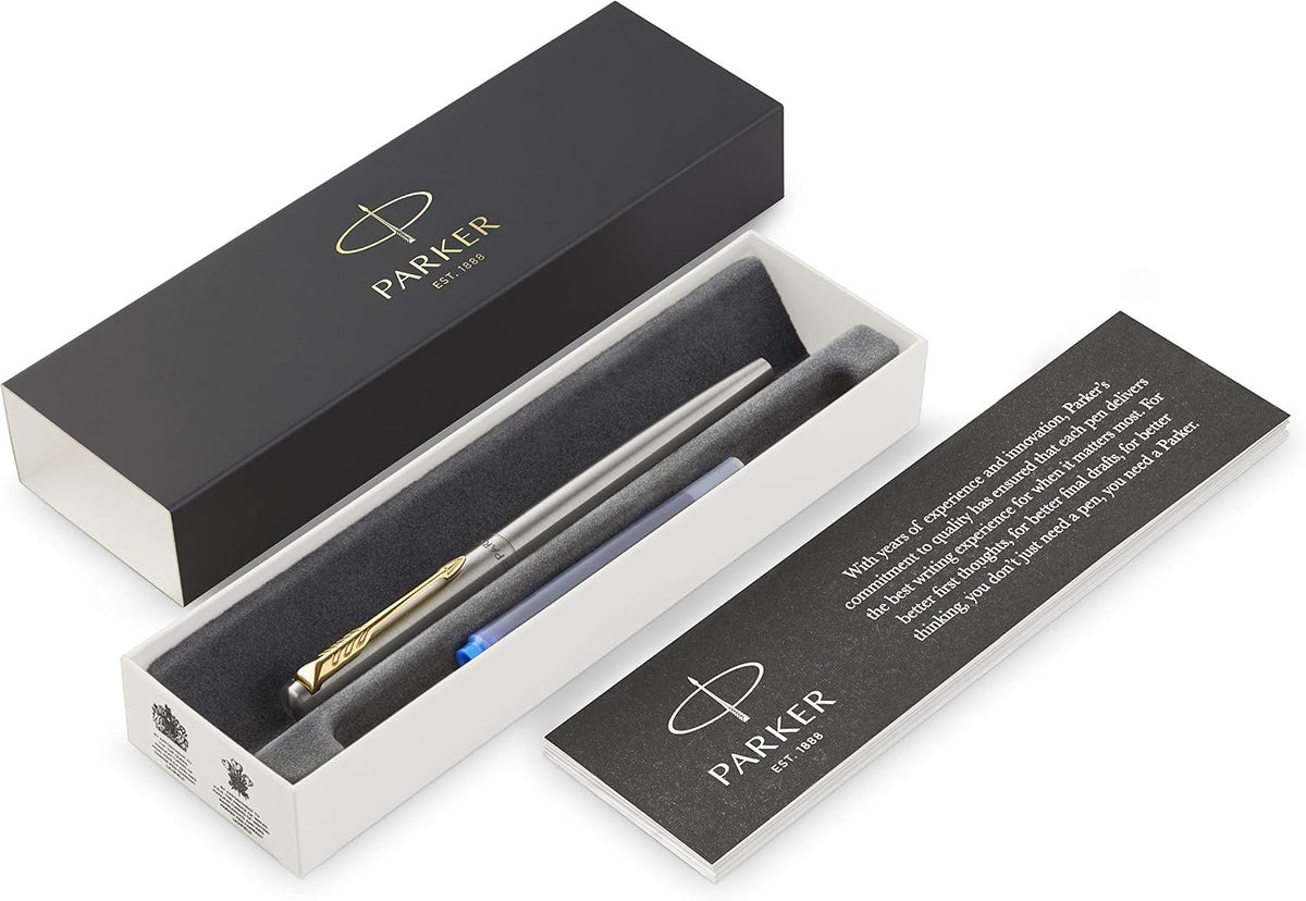 Parker Jotter Fountain Pen, Stainless Steel with Gold Trim, Medium Nib, Blue Ink & Gift Box