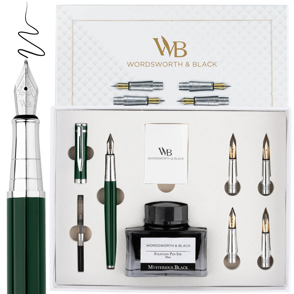 Wordsworth & Black Luxury Fountain Pen Set for Writing, 6 Nibs,Black Chrome