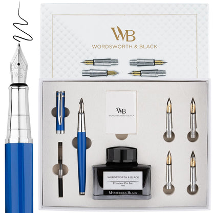 Wordsworth & Black Luxury Fountain Pen Set for Writing, 6 Nibs,Black Chrome