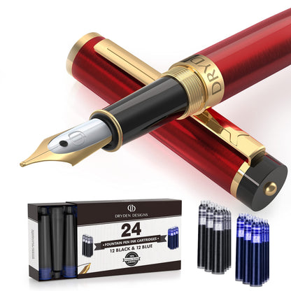 Dryden Designs Fountain Pen Medium Nib Gift Pouch - with 24 Ink Cartridges - MCM (Metallic Silver)