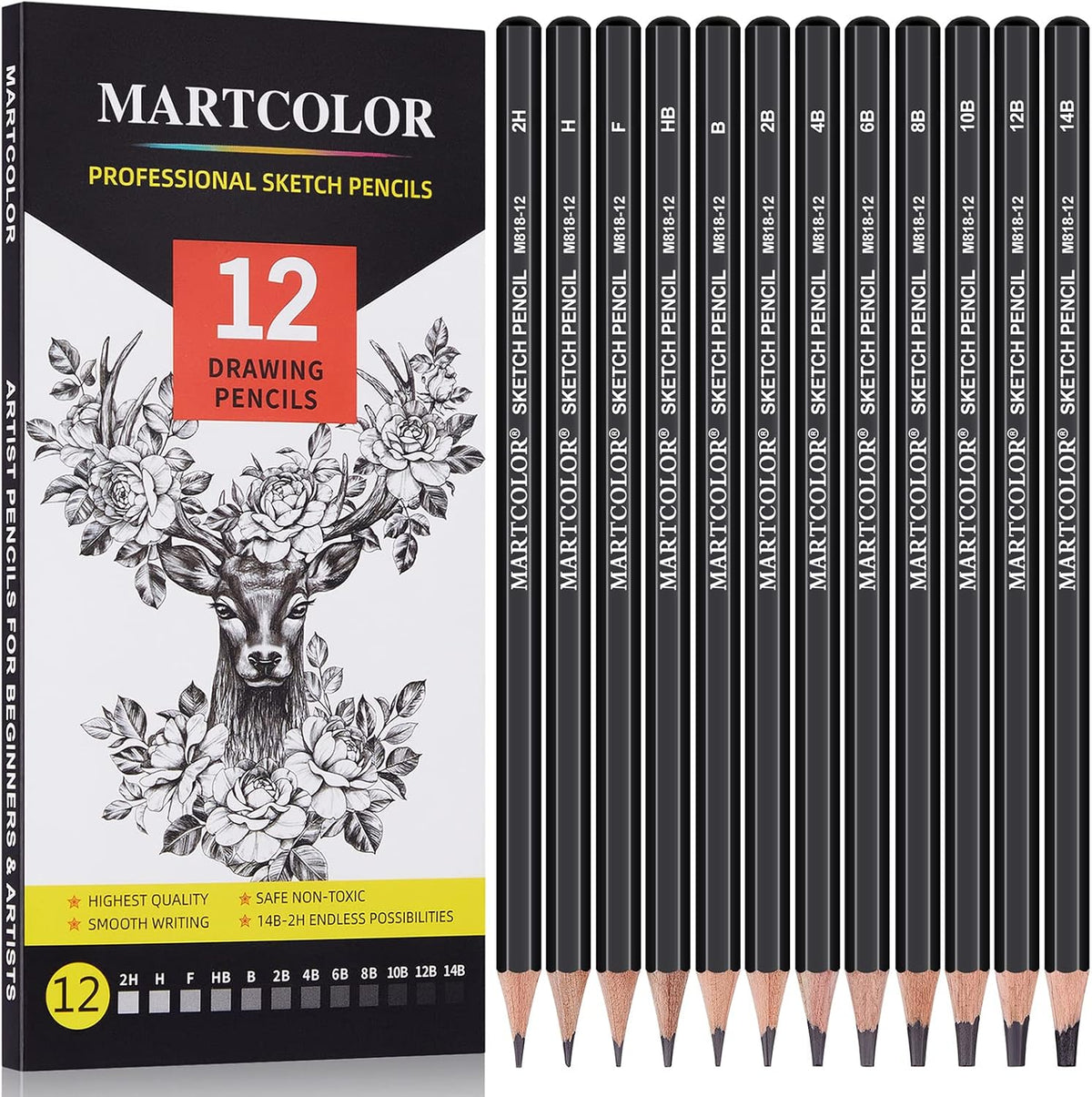 MARTCOLOR Drawing Sketching Pencils Set, 12 Pack Graphite Pencils(14B - 2H)