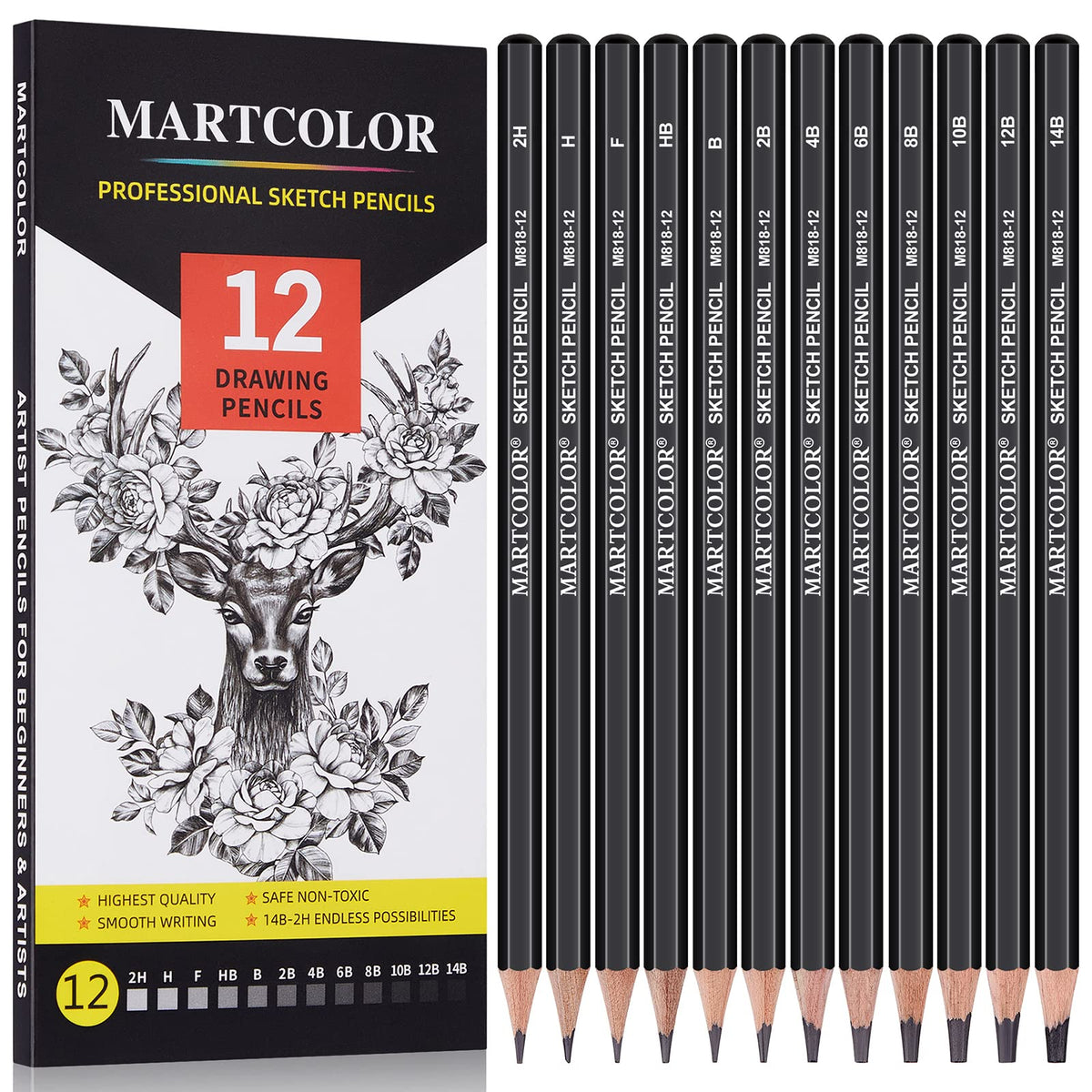 MARTCOLOR Drawing Sketching Pencils Set, 12 Pack Graphite Pencils(14B - 2H)