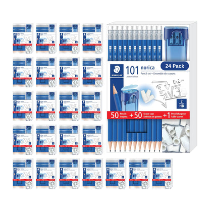 STAEDTLER Norica Pencil Set: 50 Pre-sharpened #2 HB Pencils with 50 Eraser Caps & Double-Hole Sharpener, Break-Resistant Lead, School Pack