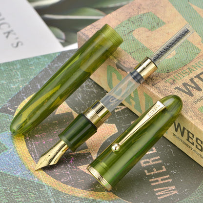 Jinhao 9019 DaDao Series Fountain Pen, Size 8 Medium Cardiogram Nib with Large Ink Converter, Transparent Olive Green Acrylic Design Smooth Writing Pen (Gold Trim)