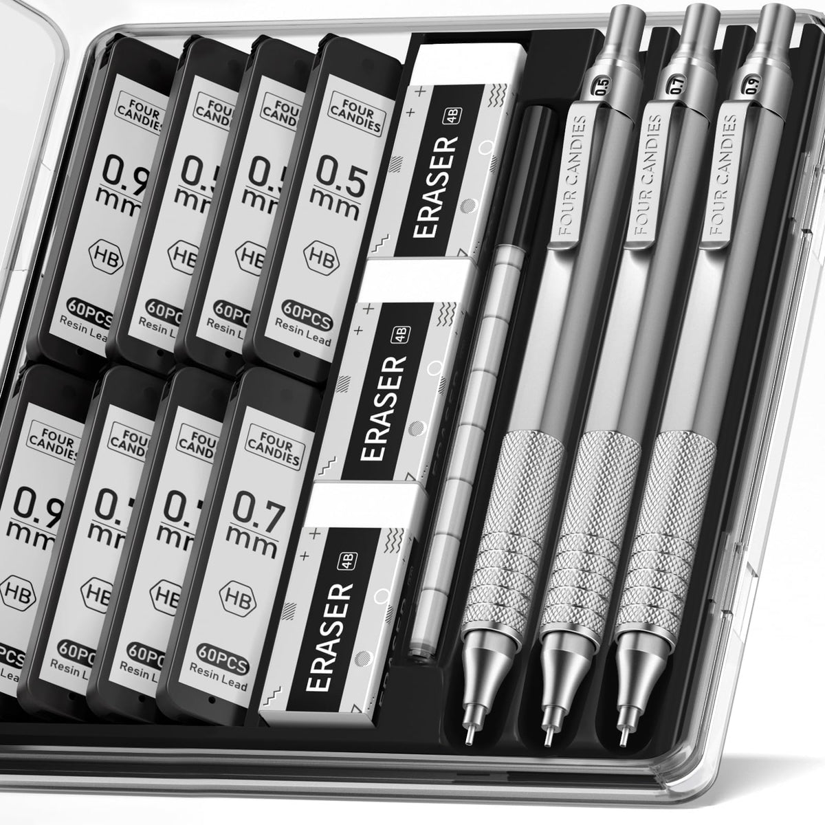 Four Candies Metal Mechanical Pencil Set with Case, 0.7mm, 3-Pack, Black