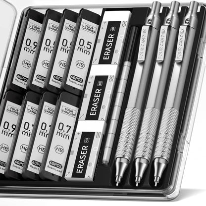 Four Candies Metal Mechanical Pencil Set with Case, 0.7mm, 3-Pack, Black