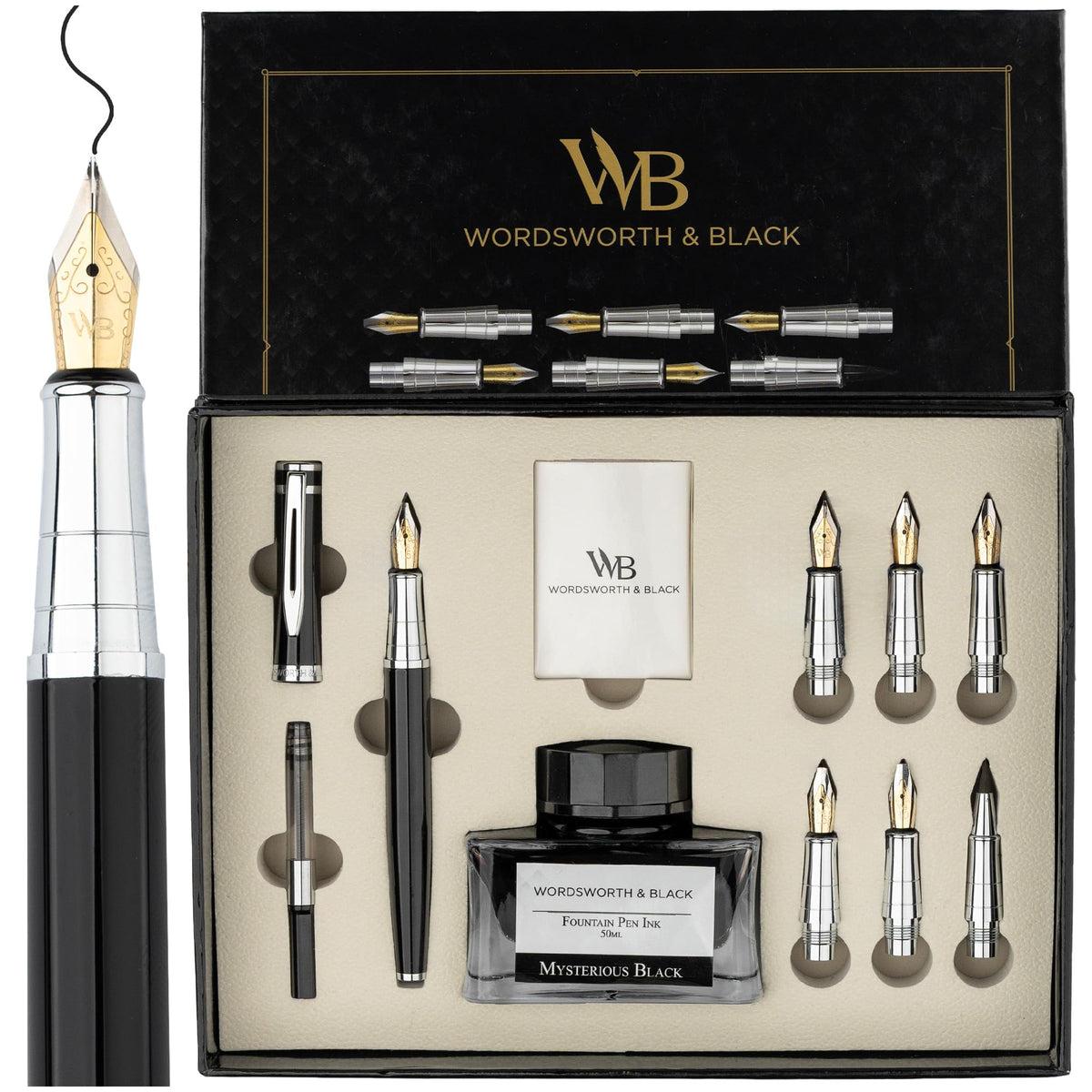 Wordsworth & Black Luxury Calligraphy Pen Set for Writing, 6 Nibs, Black
