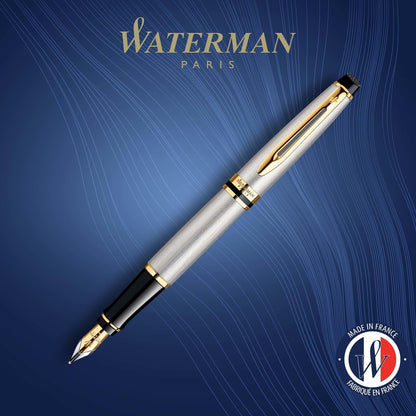 Waterman Expert Fountain Pen, Stainless Steel With 23k Gold Trim, Medium Nib With Blue Ink Cartridge, Gift Box