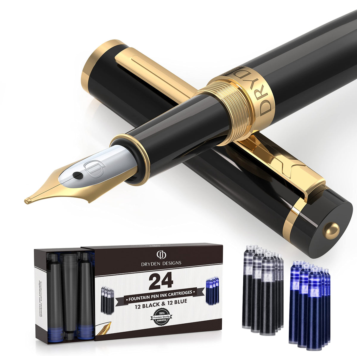 Dryden Designs Fountain Pen Medium Nib Gift Pouch - with 24 Ink Cartridges - MCM (Metallic Silver)