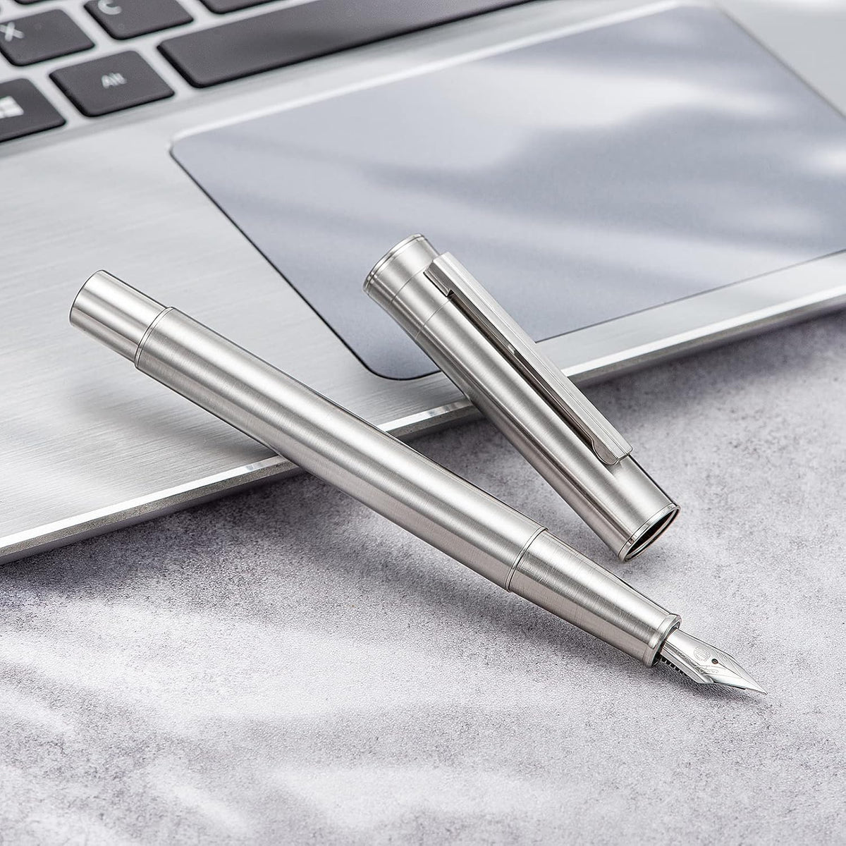 Hongdian 1861 Stainless Steel Fountain Pen Extra Fine Nib, Classic Design Smooth Writing Pen with Converter and Metal Pen Case Set