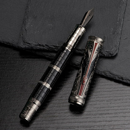Hongdian D5X Fountain Pen Extra Fine Nib Black Color, Qin Dynasty Retro Chinese Totem Engraving Smooth Writing Pen with Converter and Pen Box Set