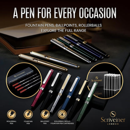 Scriveiner Midnight Blue Fountain Pen - Stunning Luxury Pen with Chrome Appointments, Schmidt Nib (Fine), Best Pen Gift Set for Men & Women, Professional, Executive, Office, Nice Pens