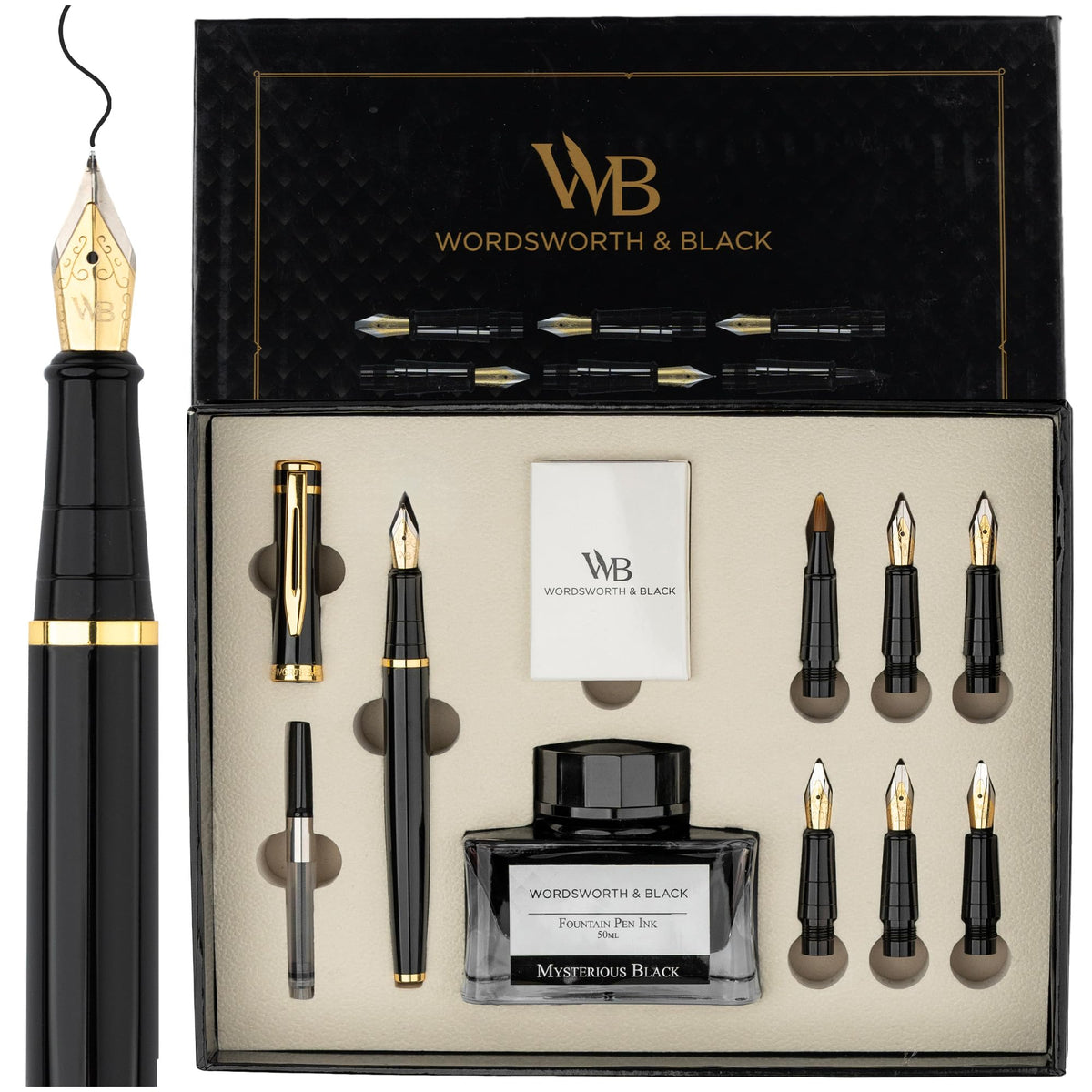 Wordsworth & Black Luxury Calligraphy Pen Set for Writing, 6 Nibs, Black