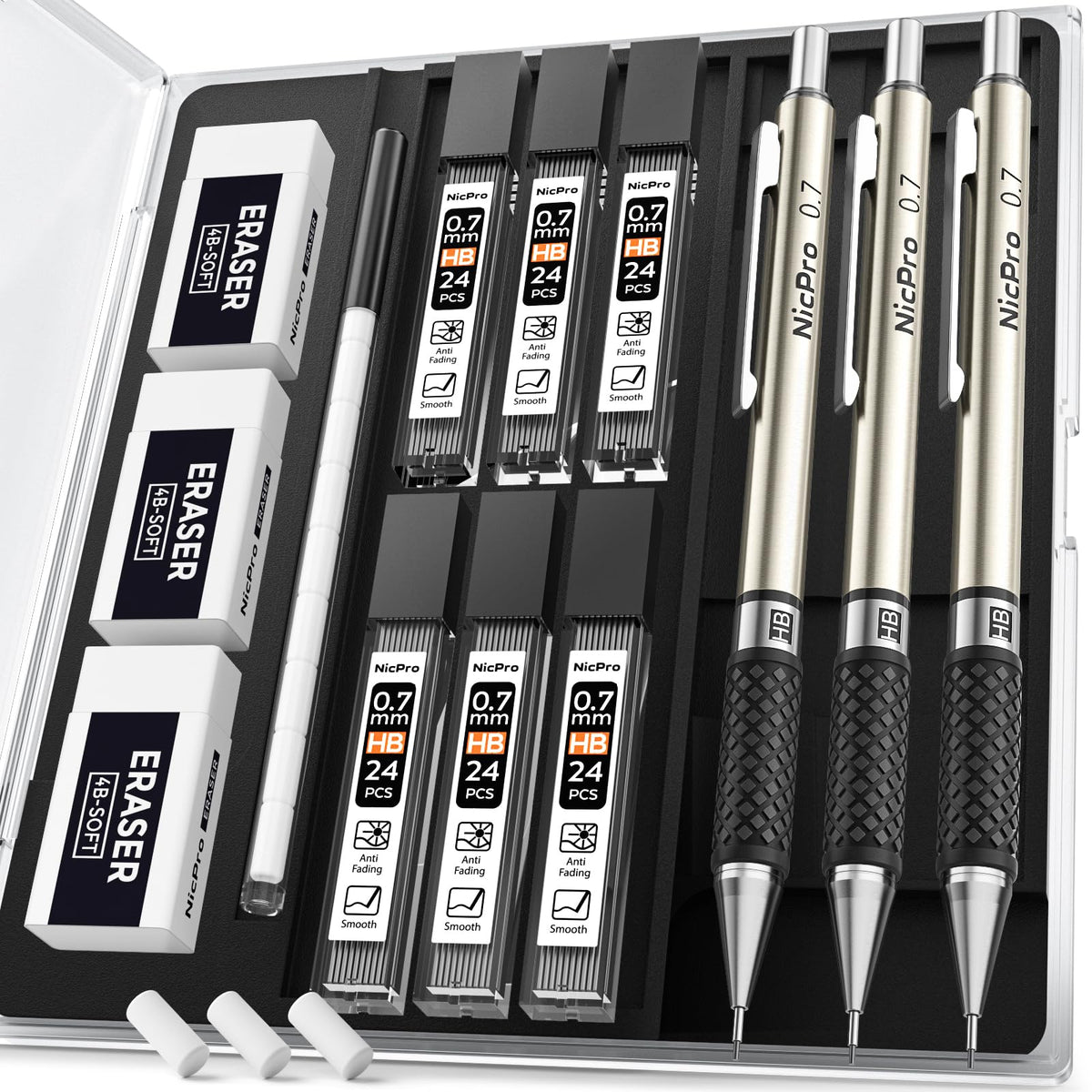 Nicpro 0.5 mm Art Mechanical Pencil Set in Storage Case, 3 PCS