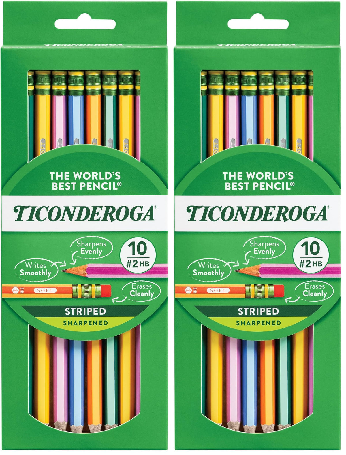Ticonderoga X13910 Striped Wood-Cased Pencils, 2 HB Soft, Pre-Sharpened, 10 Count, Assorted Colors