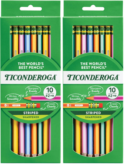 Ticonderoga X13910 Striped Wood-Cased Pencils, 2 HB Soft, Pre-Sharpened, 10 Count, Assorted Colors