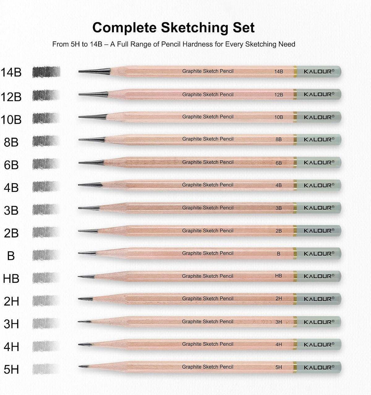 KALOUR 18-Piece Professional Sketch Pencil Set - Includes 5H to 14B Pencils, Vinyl Eraser, Kneaded Eraser,Sharpener and Paper Blending Stump - Ideal for Artists and Beginners