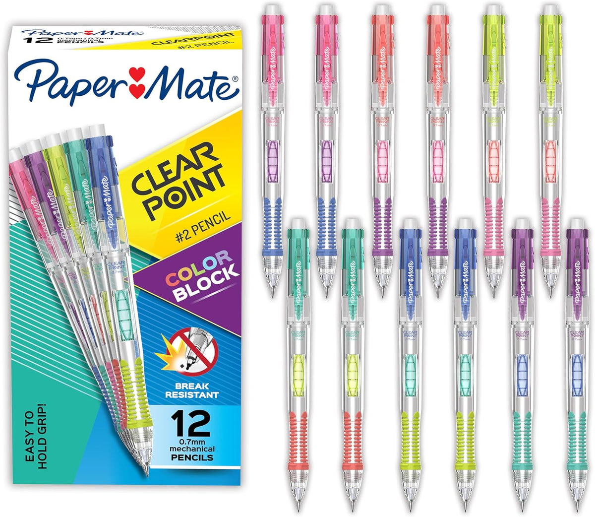 Paper Mate Clearpoint Mechanical Pencils, Color Block Edition, HB #2 Lead (0.7mm), 12 Count - Back to School, Fun Office Supplies