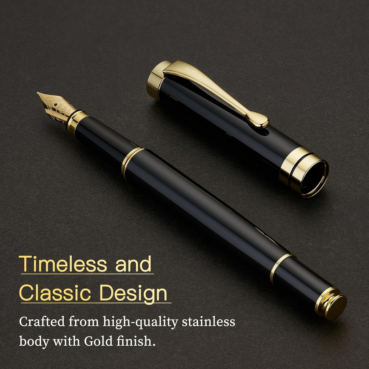MCNTEIK Fountain Pen-Luxury Black and Gold Finish, 18K Gilded Nib(Fine), Smooth Ink Flow, Complete Set with 4*2.6mm Black Cartridges, Converter & Gift Box-Ideal for Professionals, Office, Journaling