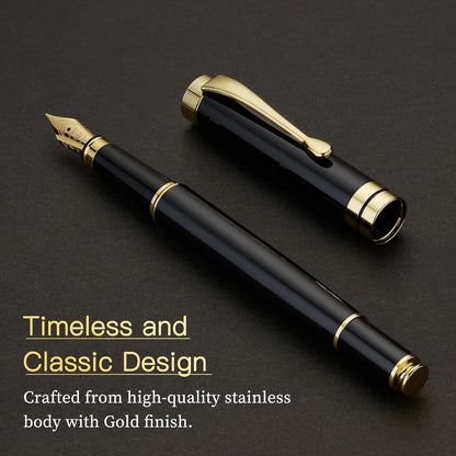 MCNTEIK Fountain Pen-Luxury Black and Gold Finish, 18K Gilded Nib(Fine), Smooth Ink Flow, Complete Set with 4*2.6mm Black Cartridges, Converter & Gift Box-Ideal for Professionals, Office, Journaling
