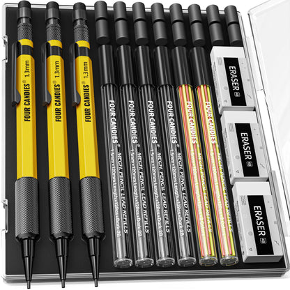 Four Candies 1.3mm Metal Mechanical Pencil Set with 72 Lead Refills, 3-Pack