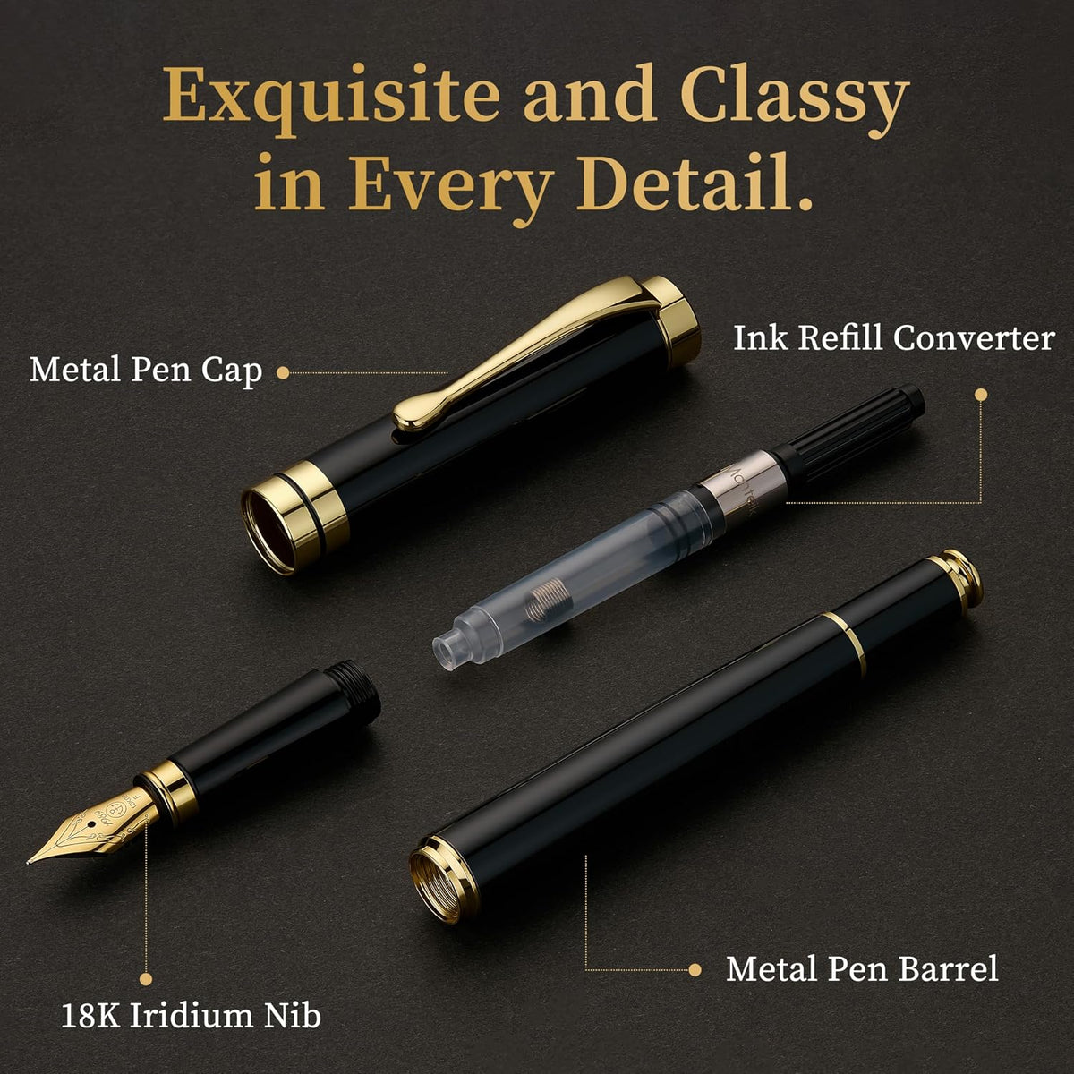 MCNTEIK Fountain Pen-Luxury Black and Gold Finish, 18K Gilded Nib(Fine), Smooth Ink Flow, Complete Set with 4*2.6mm Black Cartridges, Converter & Gift Box-Ideal for Professionals, Office, Journaling