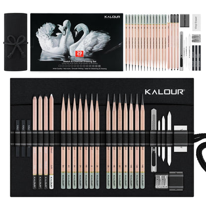 KALOUR 18-Piece Professional Sketch Pencil Set - Includes 5H to 14B Pencils, Vinyl Eraser, Kneaded Eraser,Sharpener and Paper Blending Stump - Ideal for Artists and Beginners