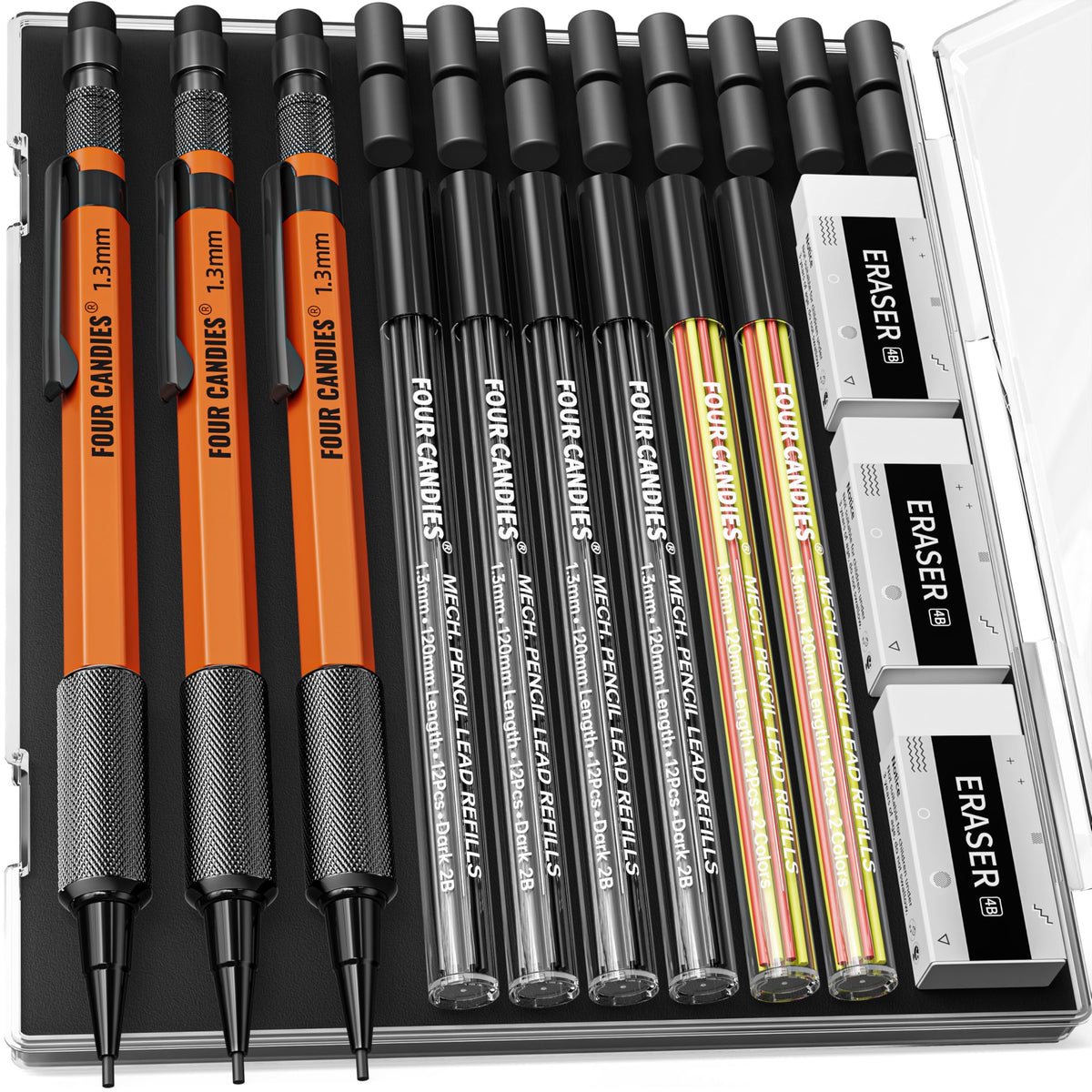 Four Candies 1.3mm Metal Mechanical Pencil Set with 72 Lead Refills, 3-Pack