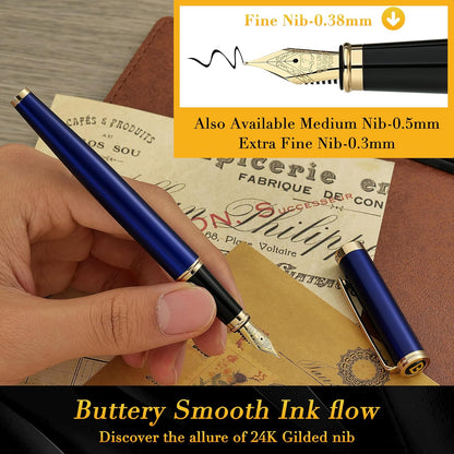 BEILUNER Blue Fountain Pen,Stunning Luxury Pens with 24K Gold Finish, Gorgeous 24K Gilded Nib(Fine), Trustworthy Pen Gift for Men&Women -Ink Converter-Elegant, Graduation,Nice Pen for Writing