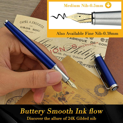 BEILUNER Luxury Fountain Pen Set,Solid 24K Gilded(Medium)-Charming Blue