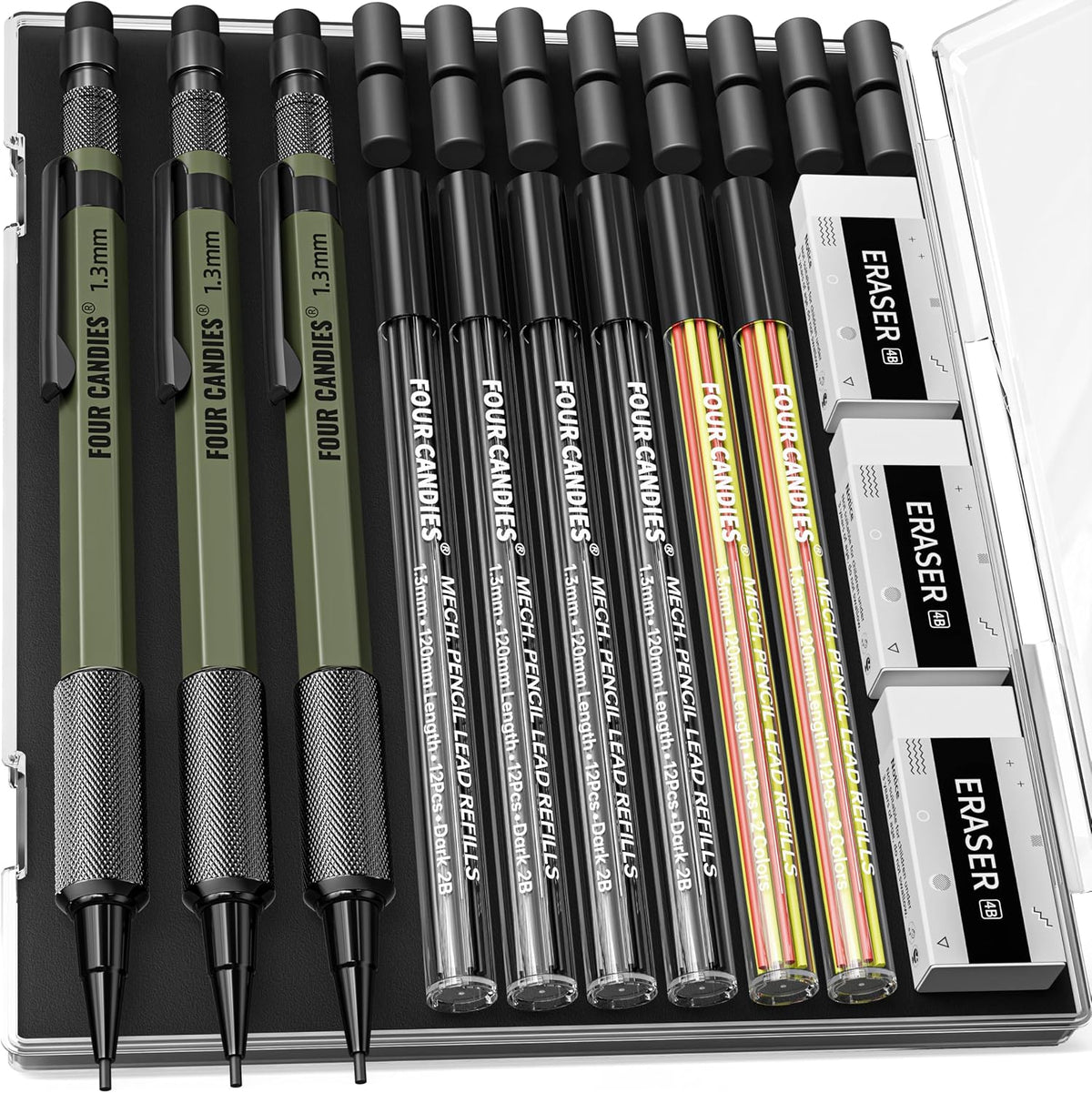 Four Candies 1.3mm Metal Mechanical Pencil Set with 72 Lead Refills, 3-Pack